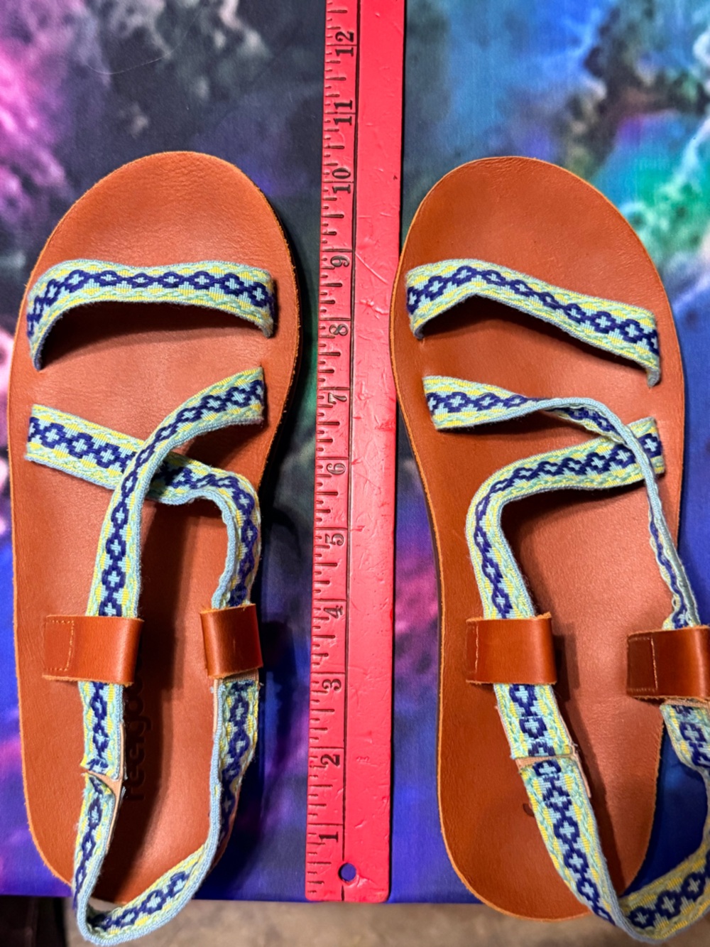 Zodiac-Inspired Brown Leather Sandals with Blue and Yellow Straps by FeelGoodz - Picture 8 of 8